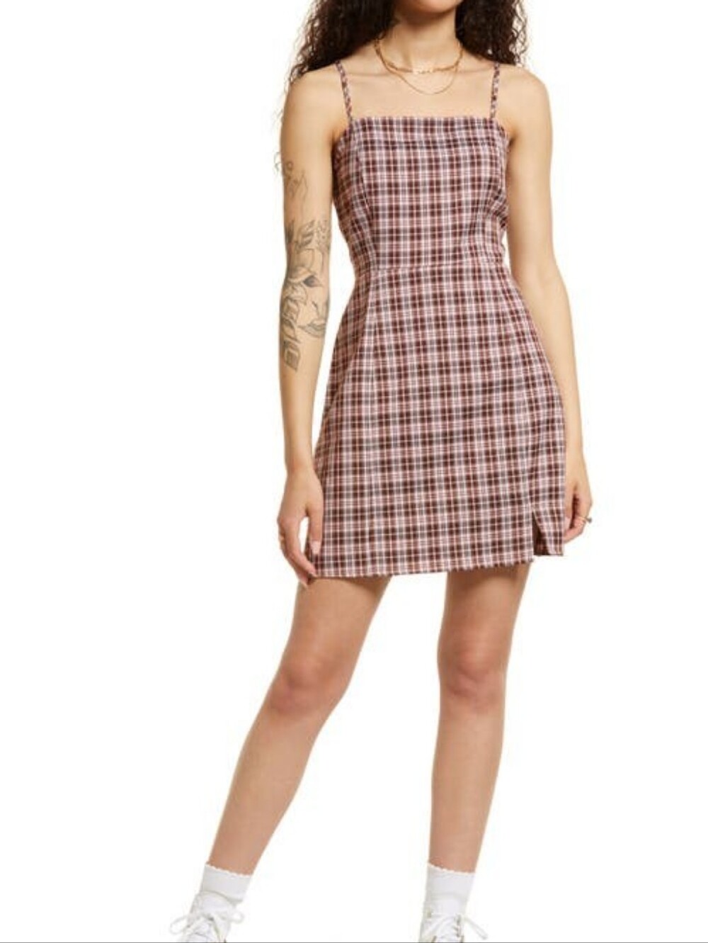 NWT Med bp. Pink and Brown Plaid Spaghetti-Strap Mini Dress